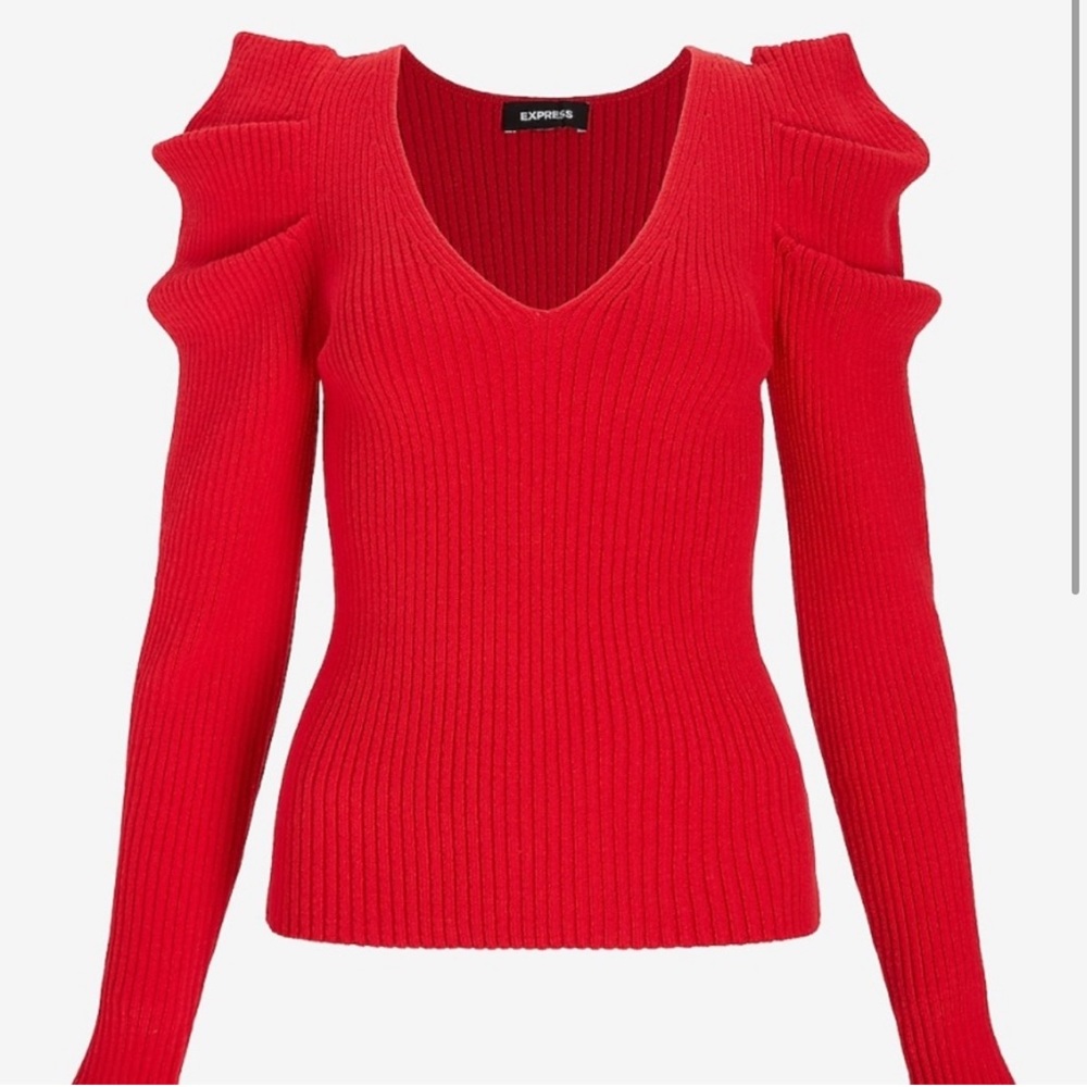 Red puffed sleeves v neck sweater